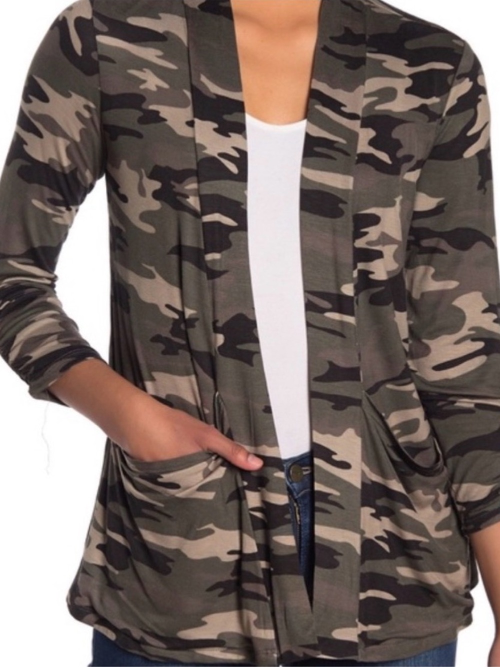 Bobeau Camouflage Open Front Cardigan - Olive/Tan/Black